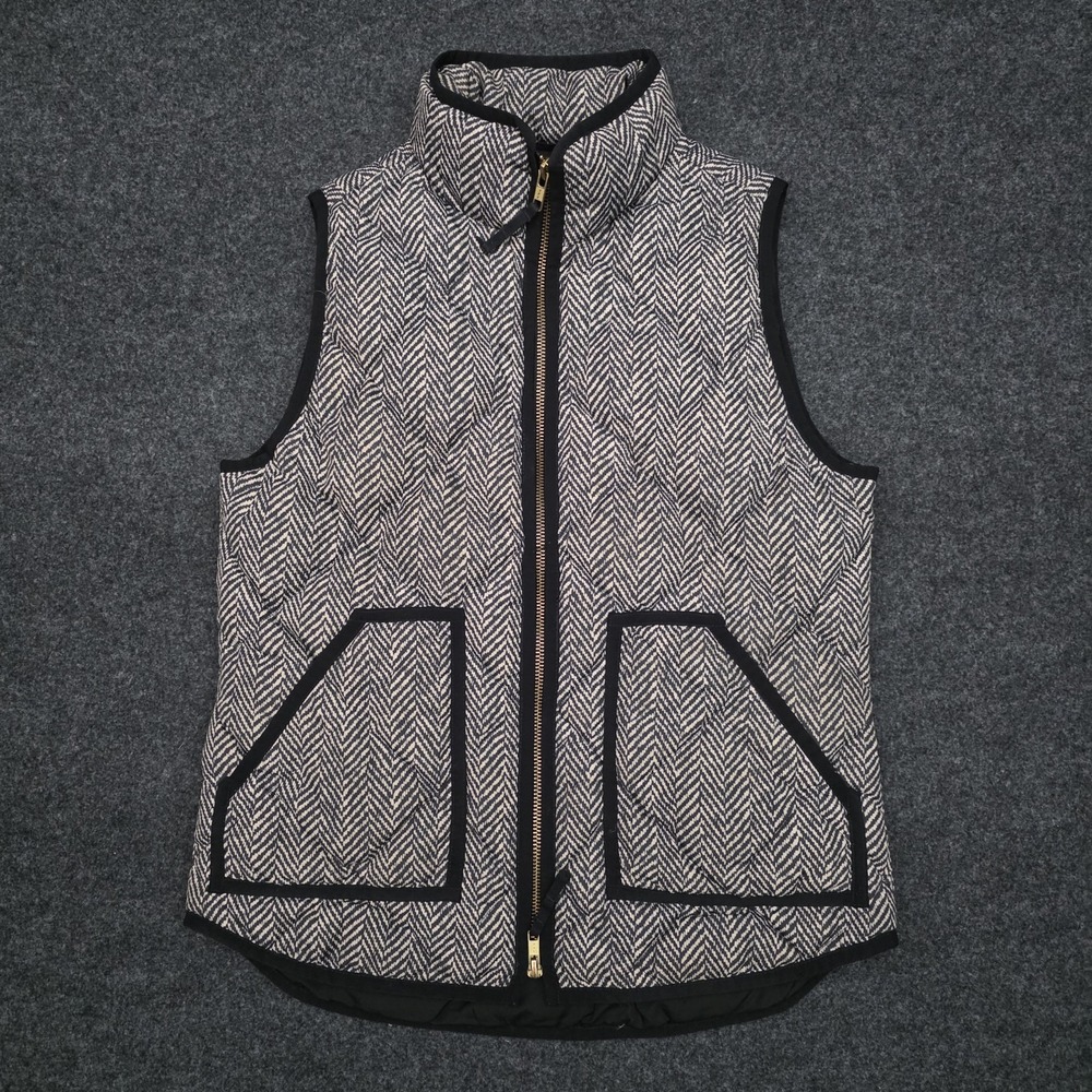 J Crew Womens XS Down Herringbone Print Quilted Zip Front Down Vest Black Ivory
